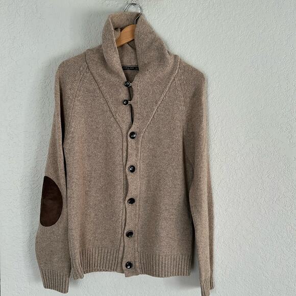 Zara Other - Zara Wool Grandpa Sweater Tan Brown Suede Elbow Patches Shawl Collar Cardigan